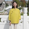 2023 Cotton and linen women's autumn and winter new retro stand-up collar, side-opening, color-blocked button-up top, tea dress, Chinese-style women's shirt details Picture